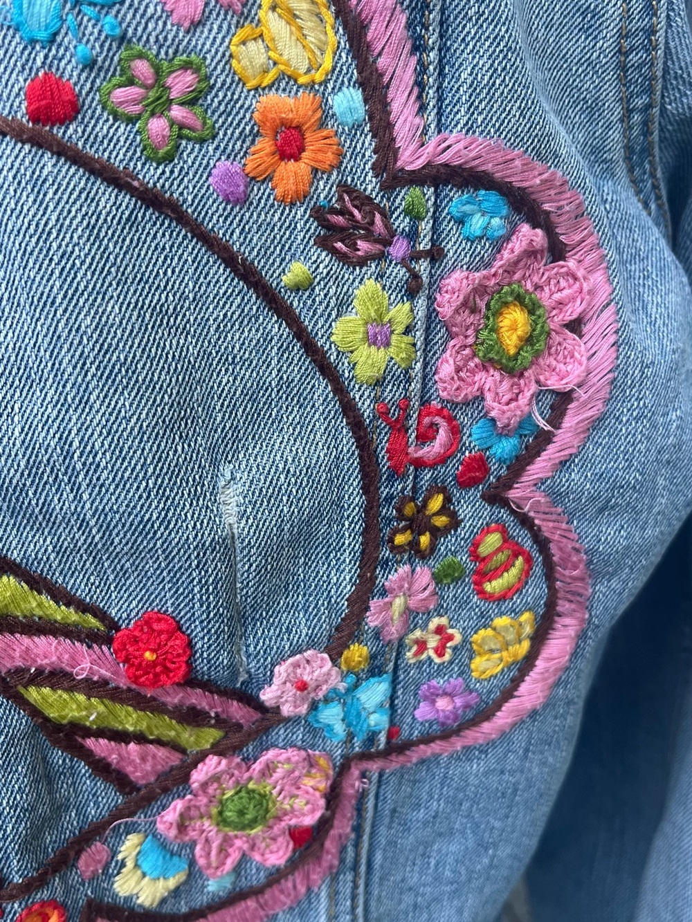 Ivy Jane Denim Jacket with Colorful Embroidered Peace sign and Flowers size S - Picture 7 of 15